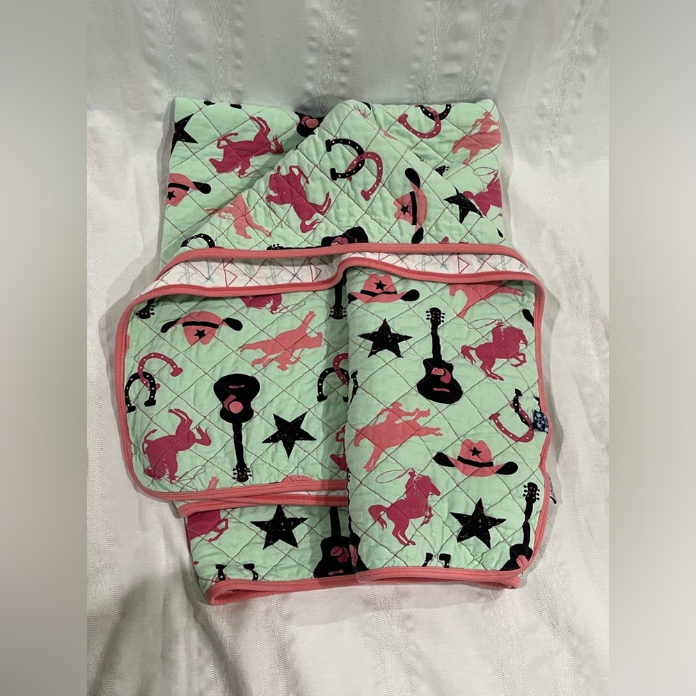 KICKEE PANTS Pink and Black Western Cowgirl Print Quilted BABY BLANKET, 52”x 32”